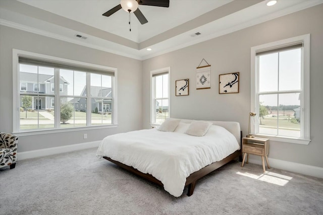 bedroom with baseboards, visible vents, crown molding, carpet floors, and recessed lighting