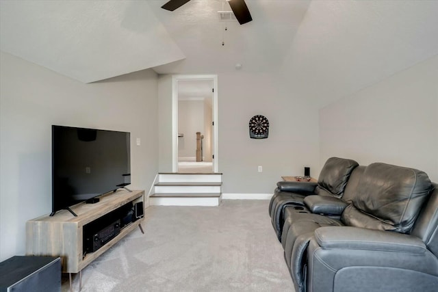 living area with a ceiling fan, light carpet, visible vents, and baseboards