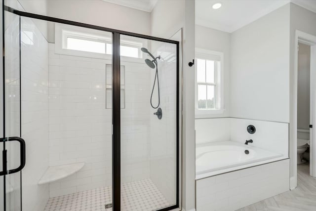 full bathroom featuring a wealth of natural light, a shower stall, a garden tub, and crown molding