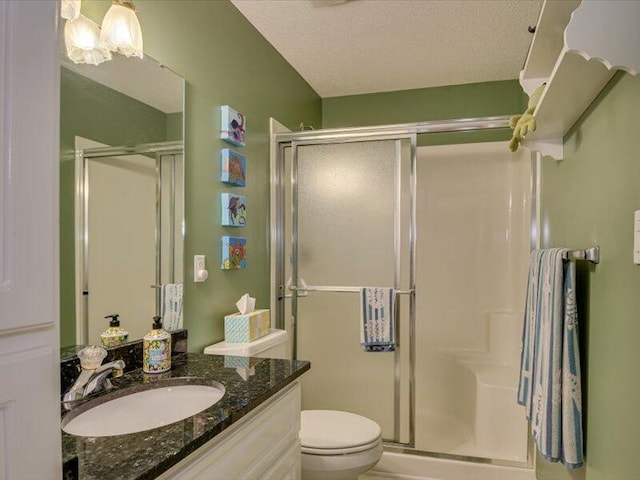 bathroom featuring vanity, an enclosed shower, a textured ceiling, and toilet