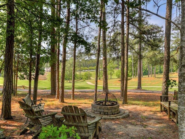 view of yard featuring an outdoor fire pit