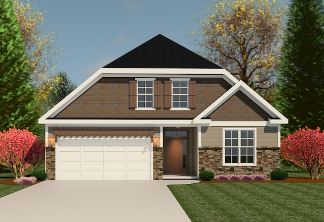 craftsman-style house featuring stone siding, a front lawn, and concrete driveway