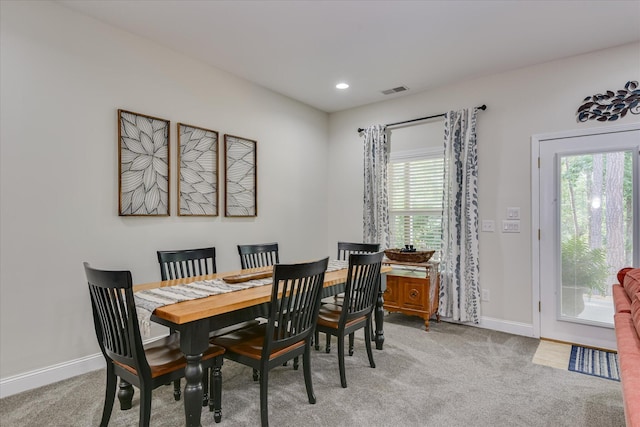136 Lake Ridge Dr, Mccormick, SC 29835 - dining area featuring light carpet, baseboards, and recessed lighting