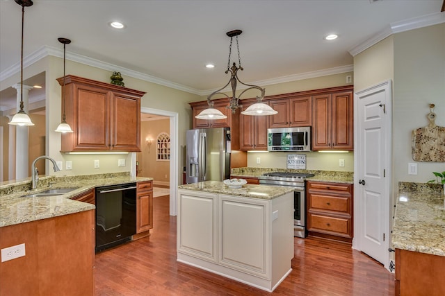 136 Lake Ridge Dr, Mccormick, SC 29835 - kitchen featuring appliances with stainless steel finishes, a sink, dark wood-type flooring, light stone countertops, and ornamental molding