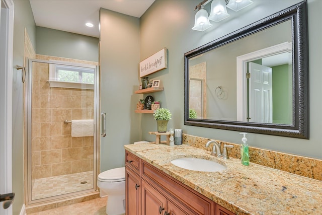 136 Lake Ridge Dr, Mccormick, SC 29835 - bathroom with toilet, vanity, a shower stall, tile patterned floors, and recessed lighting
