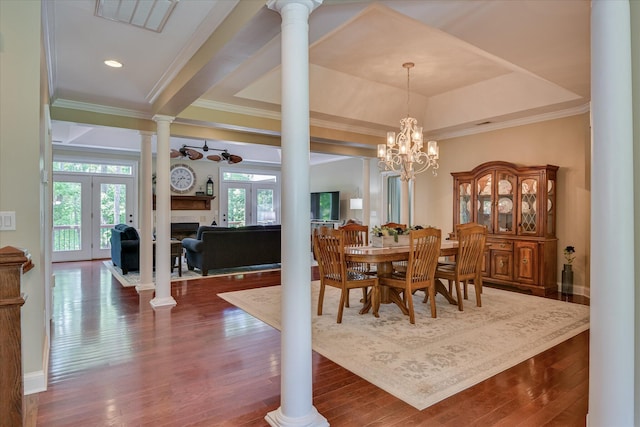 136 Lake Ridge Dr, Mccormick, SC 29835 - dining space featuring a fireplace, dark wood-style floors, crown molding, french doors, and baseboards