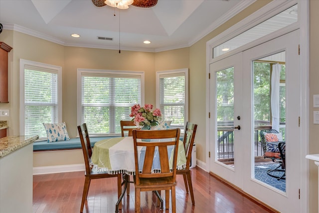 136 Lake Ridge Dr, Mccormick, SC 29835 - dining area featuring hardwood / wood-style flooring, french doors, ornamental molding, lofted ceiling, and recessed lighting