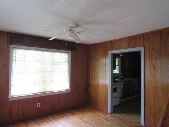 1466 Dewitt St, Augusta, GA 30901 - unfurnished room with light wood finished floors, a ceiling fan, and wood walls