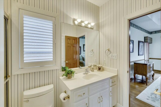 bathroom featuring hardwood / wood-style floors, vanity, and toilet