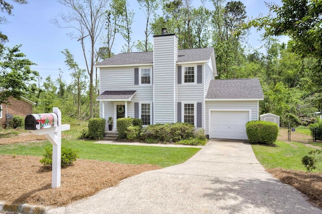 view of front of property featuring an attached garage, concrete driveway, a shingled roof, and a chimney