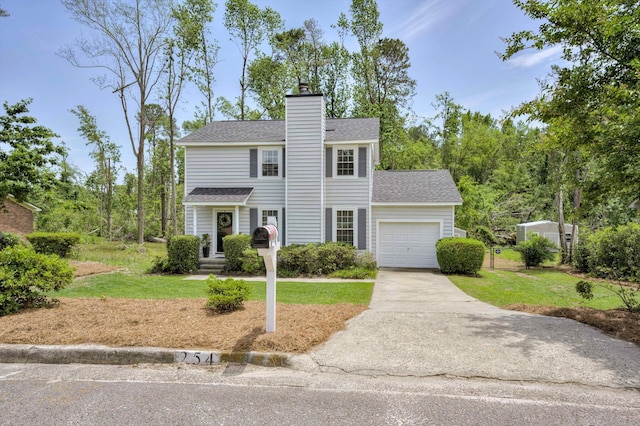 view of front of home featuring a garage, concrete driveway, a front lawn, and a chimney