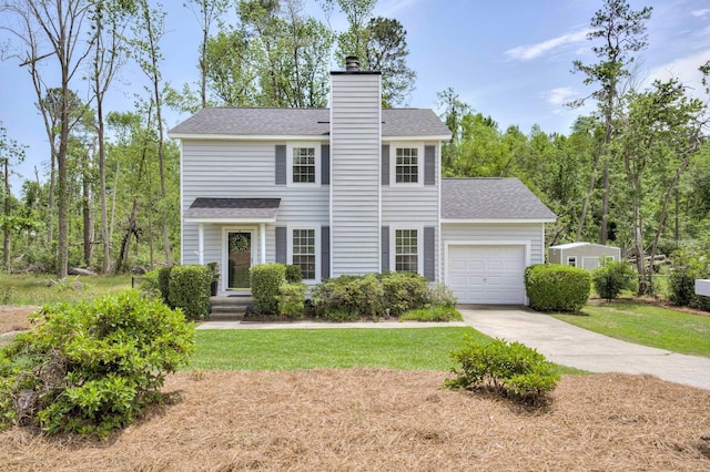 view of front of property featuring an attached garage, a chimney, driveway, and a shingled roof