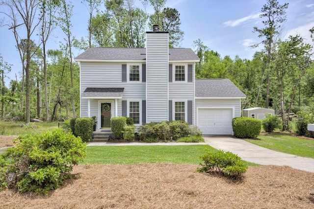 view of front of property with an attached garage, a chimney, driveway, and roof with shingles