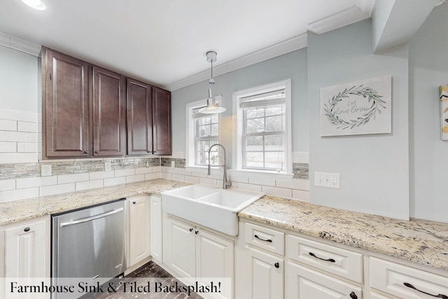 kitchen with sink, crown molding, tasteful backsplash, hanging light fixtures, and stainless steel dishwasher