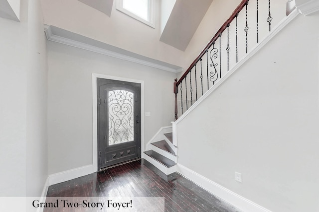 entryway featuring crown molding and dark hardwood / wood-style flooring