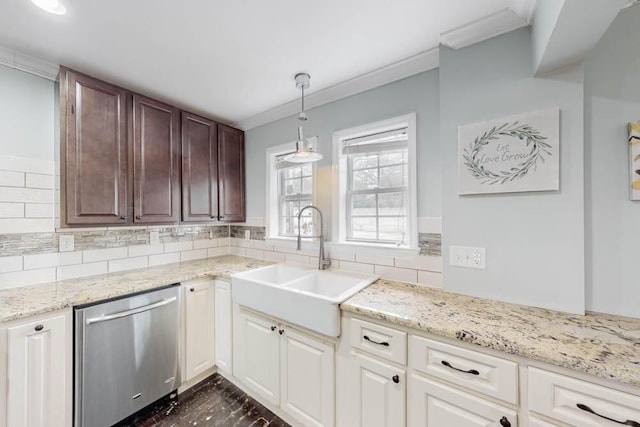 kitchen with crown molding, stainless steel dishwasher, sink, and decorative backsplash