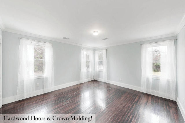 unfurnished room with dark hardwood / wood-style flooring and crown molding