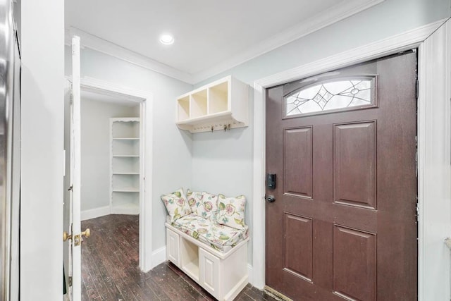 mudroom featuring dark hardwood / wood-style flooring and crown molding