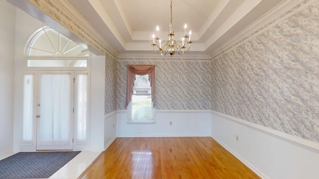4154 Bent Tree Ln, Martinez, GA 30907 - entryway with a chandelier, wood finished floors, baseboards, wallpapered walls, and a raised ceiling