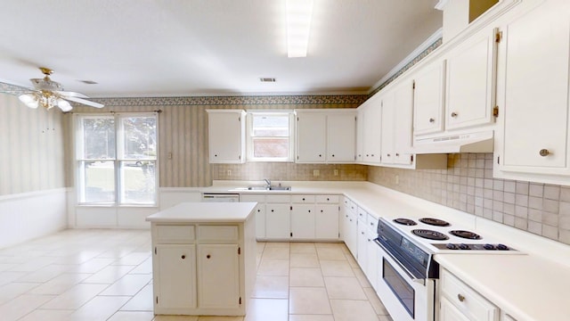 4154 Bent Tree Ln, Martinez, GA 30907 - kitchen with under cabinet range hood, white range with electric stovetop, a sink, wallpapered walls, and wainscoting