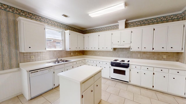 4154 Bent Tree Ln, Martinez, GA 30907 - kitchen with white appliances, under cabinet range hood, a sink, white cabinetry, and light tile patterned floors