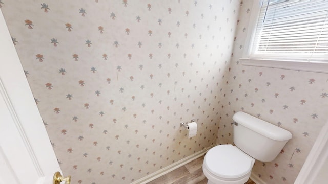 4154 Bent Tree Ln, Martinez, GA 30907 - bathroom with wallpapered walls, toilet, baseboards, and wood finished floors