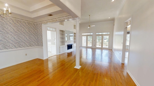 4154 Bent Tree Ln, Martinez, GA 30907 - unfurnished living room featuring ceiling fan, baseboards, a fireplace, ornamental molding, and light wood-type flooring