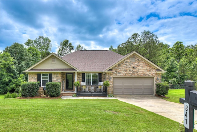 841 High Green Ct, Grovetown, GA 30813 - view of front of property featuring a garage, concrete driveway, a front lawn, brick siding, and a porch