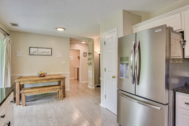 841 High Green Ct, Grovetown, GA 30813 - kitchen featuring stainless steel fridge with ice dispenser, white cabinetry, light wood-type flooring, dark stone counters, and recessed lighting
