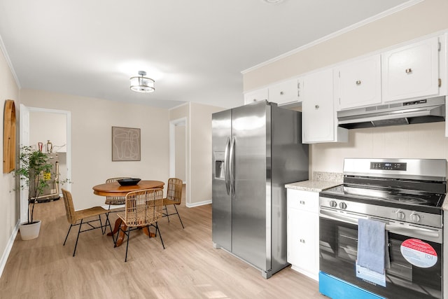 2512 Drayton Dr, Augusta, GA 30906 - kitchen with appliances with stainless steel finishes, under cabinet range hood, light wood finished floors, white cabinetry, and ornamental molding