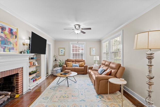 1216 Heard Ave, Augusta, GA 30904 - living area featuring crown molding, a ceiling fan, wood finished floors, and a fireplace