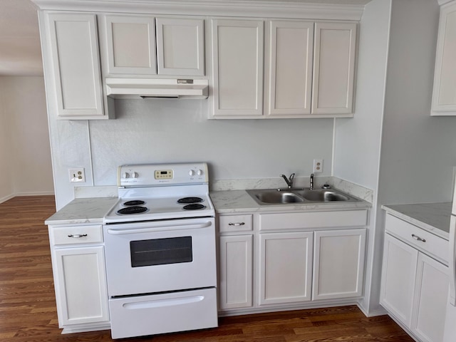 kitchen with white cabinets, white electric range, and sink