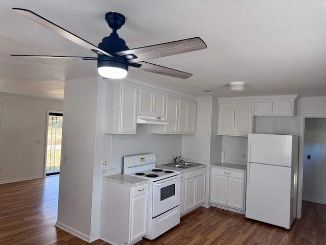 kitchen with white cabinetry, sink, ceiling fan, dark wood-type flooring, and white appliances