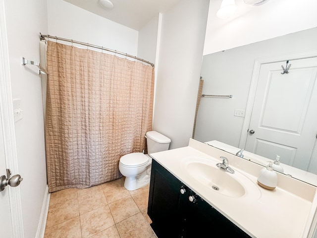 bathroom featuring a shower with curtain, tile patterned flooring, vanity, and toilet