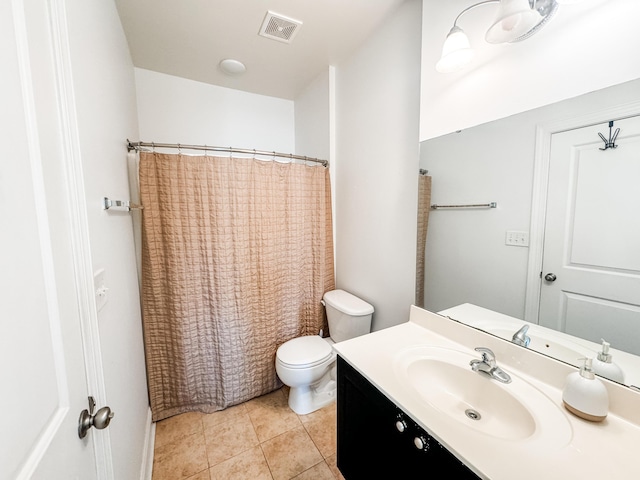 bathroom featuring tile patterned flooring, vanity, toilet, and a shower with curtain