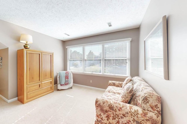 sitting room with light carpet and a textured ceiling