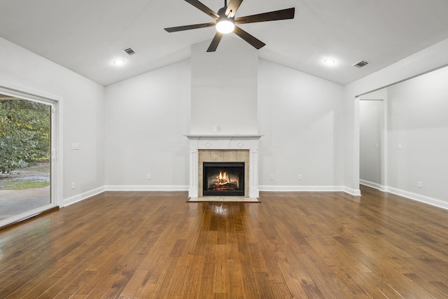 4752 Storey Mill Rd, Hephzibah, GA 30815 - unfurnished living room featuring a fireplace, ceiling fan, wood finished floors, and high vaulted ceiling