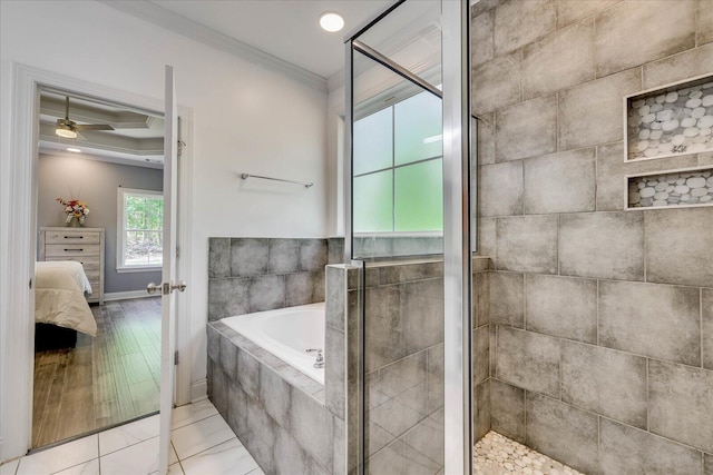 7054 Rance Perry Rd, Appling, GA 30802 - ensuite bathroom with a garden tub, ceiling fan, connected bathroom, a shower stall, and ornamental molding