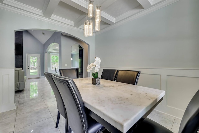 7054 Rance Perry Rd, Appling, GA 30802 - dining room with arched walkways, a decorative wall, crown molding, a wainscoted wall, and coffered ceiling