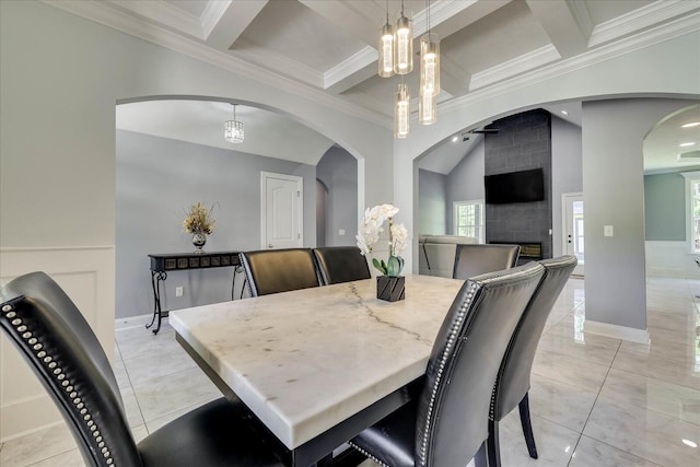 7054 Rance Perry Rd, Appling, GA 30802 - dining area featuring light tile patterned flooring, crown molding, and coffered ceiling