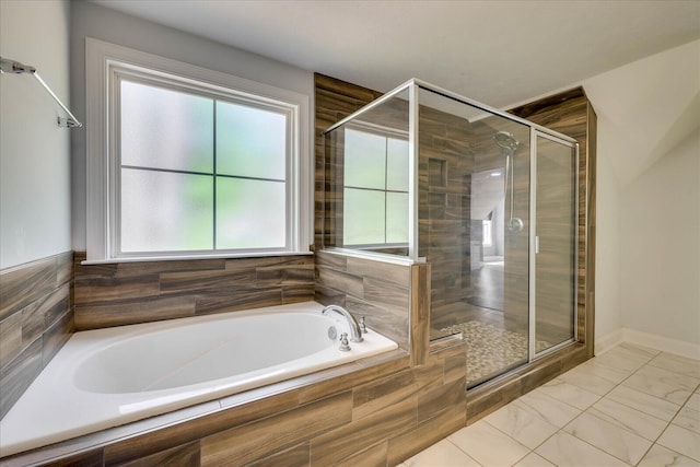7054 Rance Perry Rd, Appling, GA 30802 - full bath with a bath, a shower stall, marble finish floor, and baseboards
