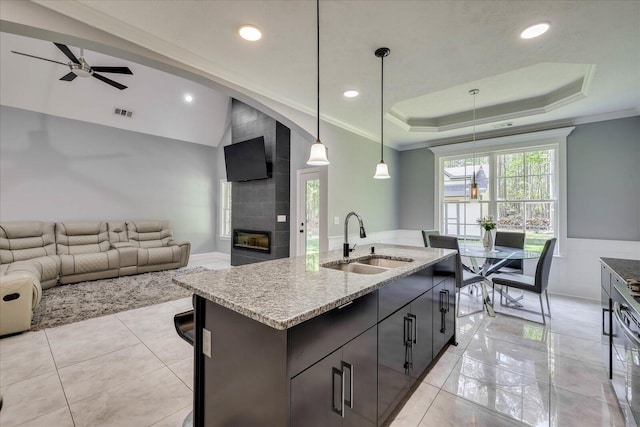 7054 Rance Perry Rd, Appling, GA 30802 - kitchen with a tray ceiling, ornamental molding, a ceiling fan, a sink, and open floor plan