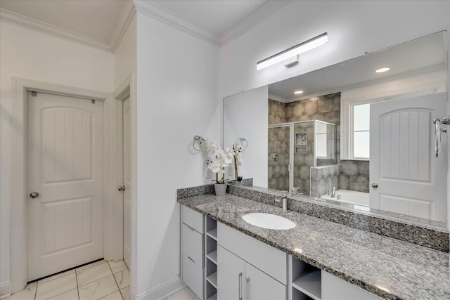 7054 Rance Perry Rd, Appling, GA 30802 - full bathroom featuring a shower stall, vanity, ornamental molding, marble finish floor, and baseboards