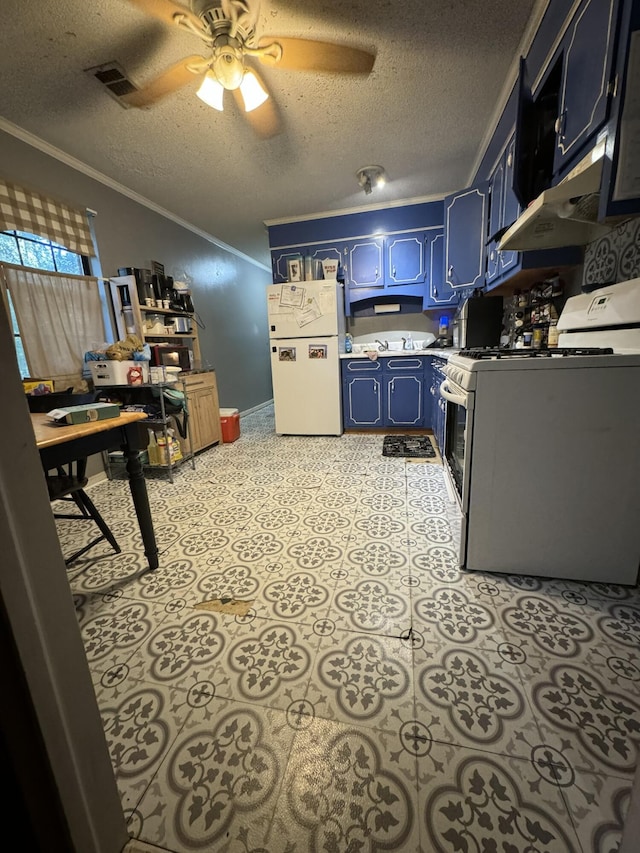 kitchen featuring white appliances, ventilation hood, blue cabinets, ornamental molding, and a textured ceiling