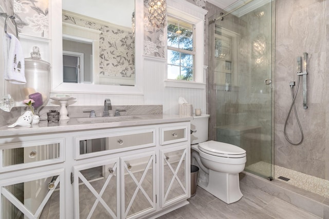 1300 Concord Ave, North Augusta, SC 29841 - full bathroom with a shower stall, toilet, vanity, and crown molding