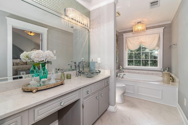 1300 Concord Ave, North Augusta, SC 29841 - bathroom with vanity, marble look tile flooring, a bath, ornamental molding, and baseboards