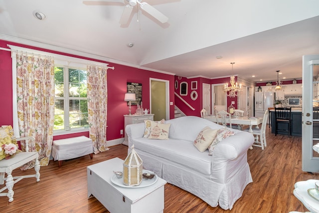 1300 Concord Ave, North Augusta, SC 29841 - living area featuring crown molding, a ceiling fan, wood finished floors, a chandelier, and baseboards