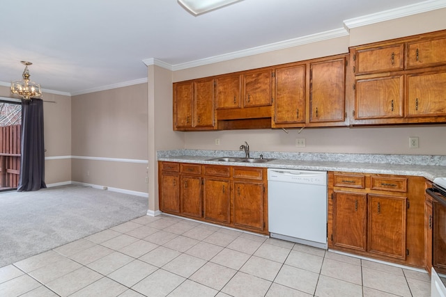 kitchen with sink, an inviting chandelier, crown molding, white dishwasher, and light colored carpet