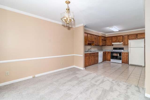 kitchen with ornamental molding, white appliances, light tile patterned floors, a notable chandelier, and hanging light fixtures