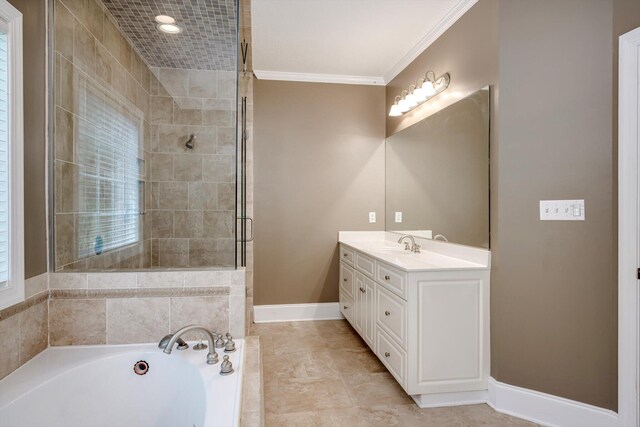 2288 William Few Pkwy, Evans, GA 30809 - full bathroom featuring a bath, vanity, crown molding, a stall shower, and baseboards
